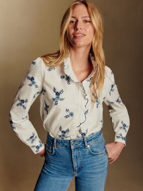 Sezane White Chlo Shirt with Navy Blue Floral Embroidery